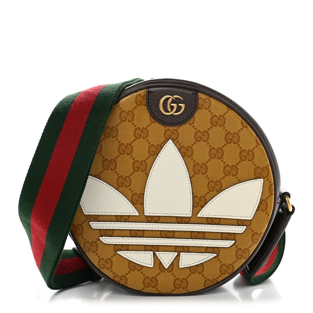 X ADIDAS Crystal Vintage Monogram Textured Dollar Calfskin Web Trefoil Small Ophidia Round Shoulder Bag Mid Natural Nut Off White New Acero wholesalehk.shop