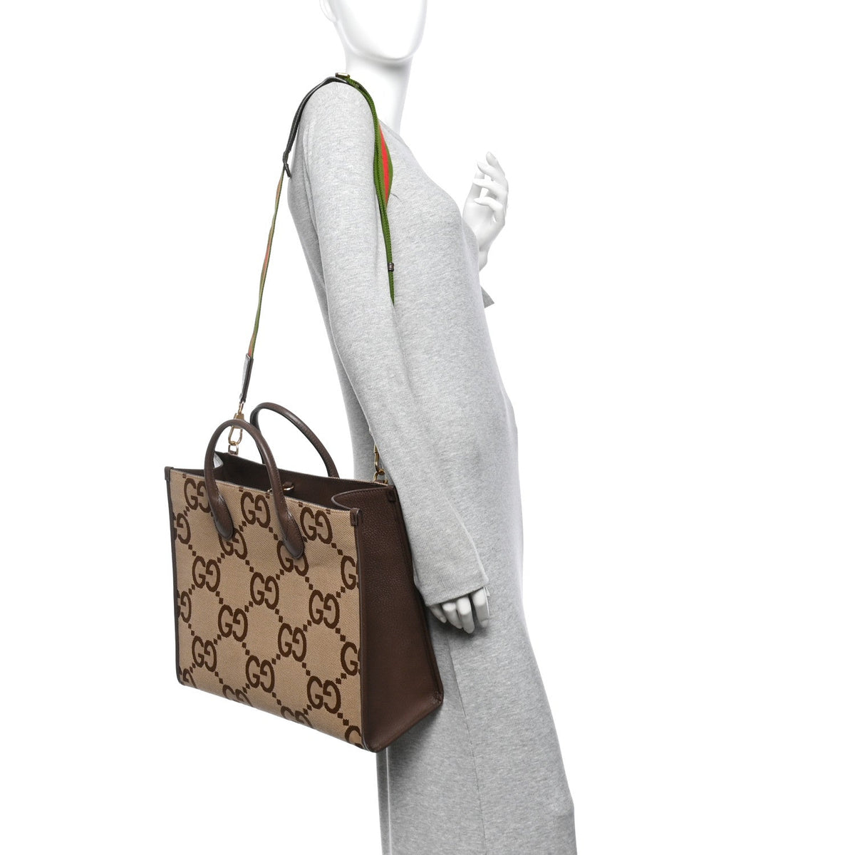 Monogram Jumbo GG Textured Dollar Calfskin Web Tote Bag Camel Ebony New Acero wholesalehk.shop