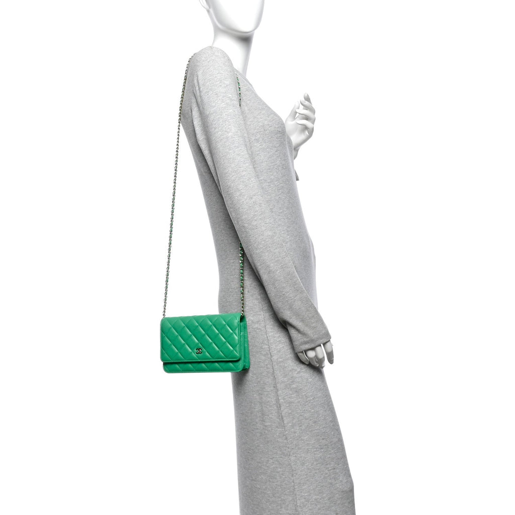 Lambskin Quilted Wallet On Chain WOC Green wholesalehk.shop