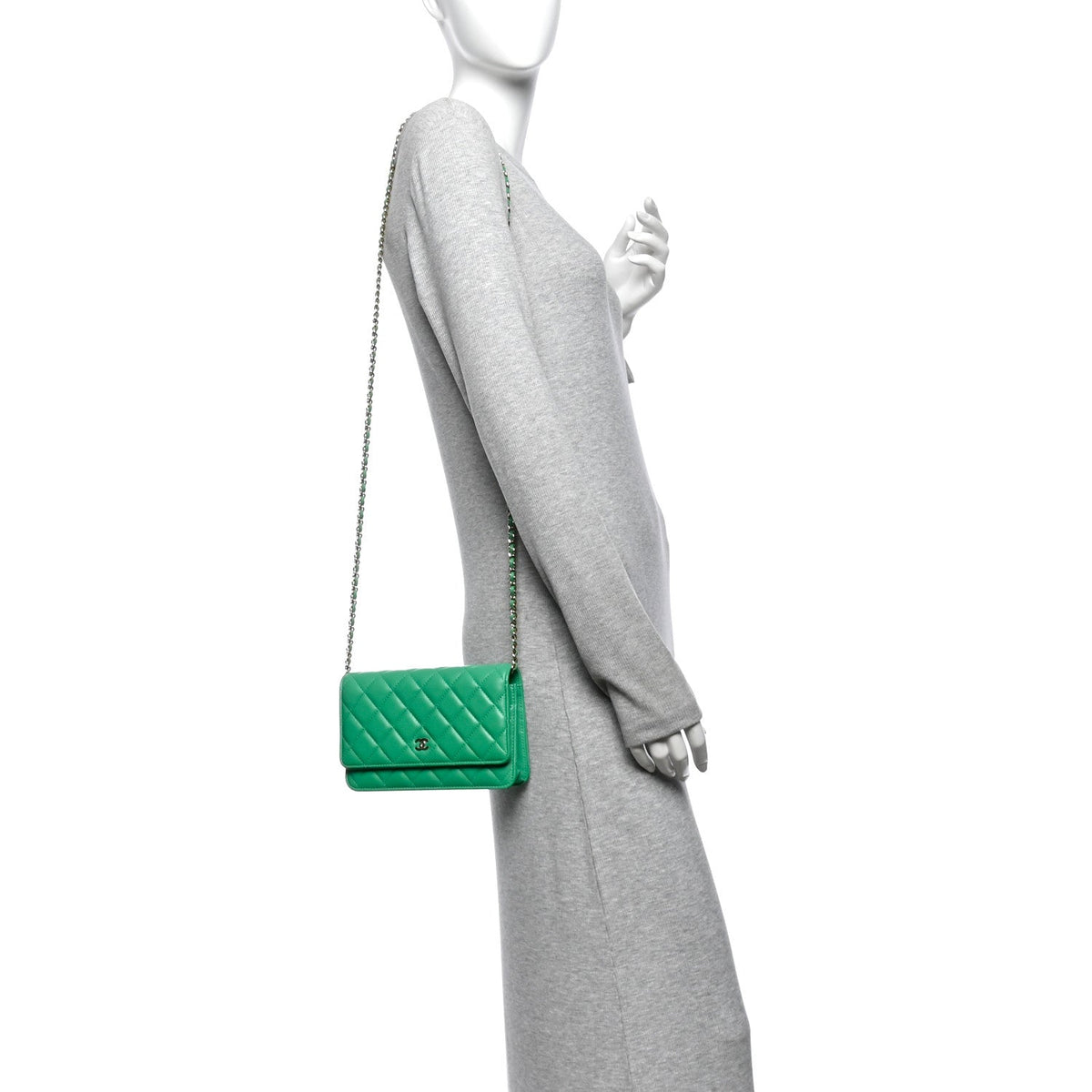 Lambskin Quilted Wallet On Chain WOC Green wholesalehk.shop
