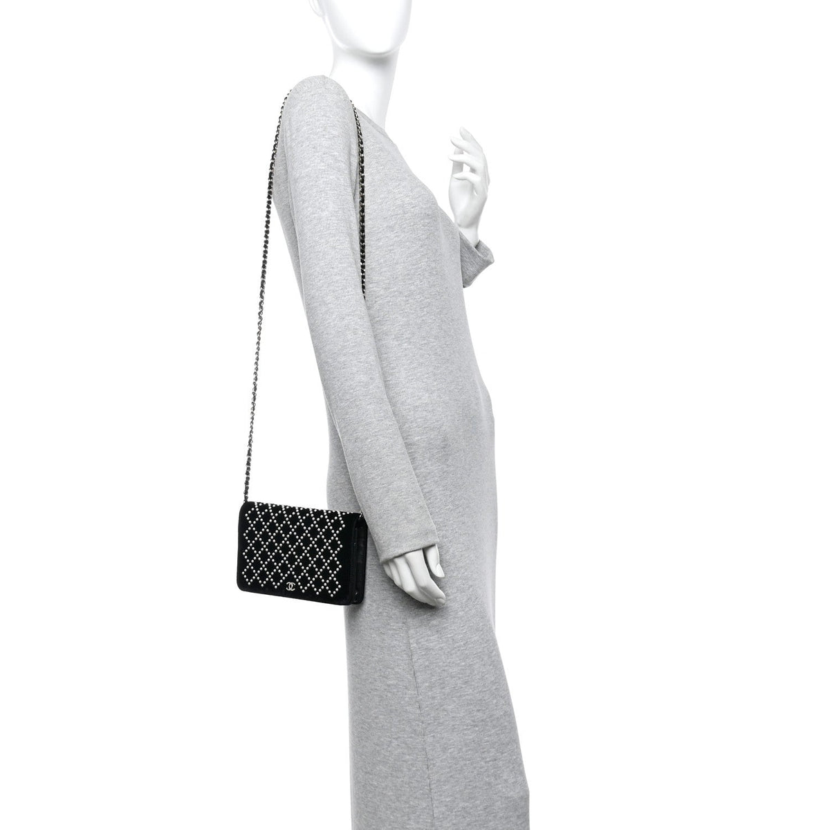 Velvet Pearl Diamond Embellished Wallet On Chain WOC Black wholesalehk.shop