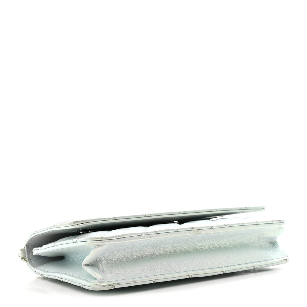 Iridescent Calfskin Quilted Wallet On Chain WOC Light Blue wholesalehk.shop
