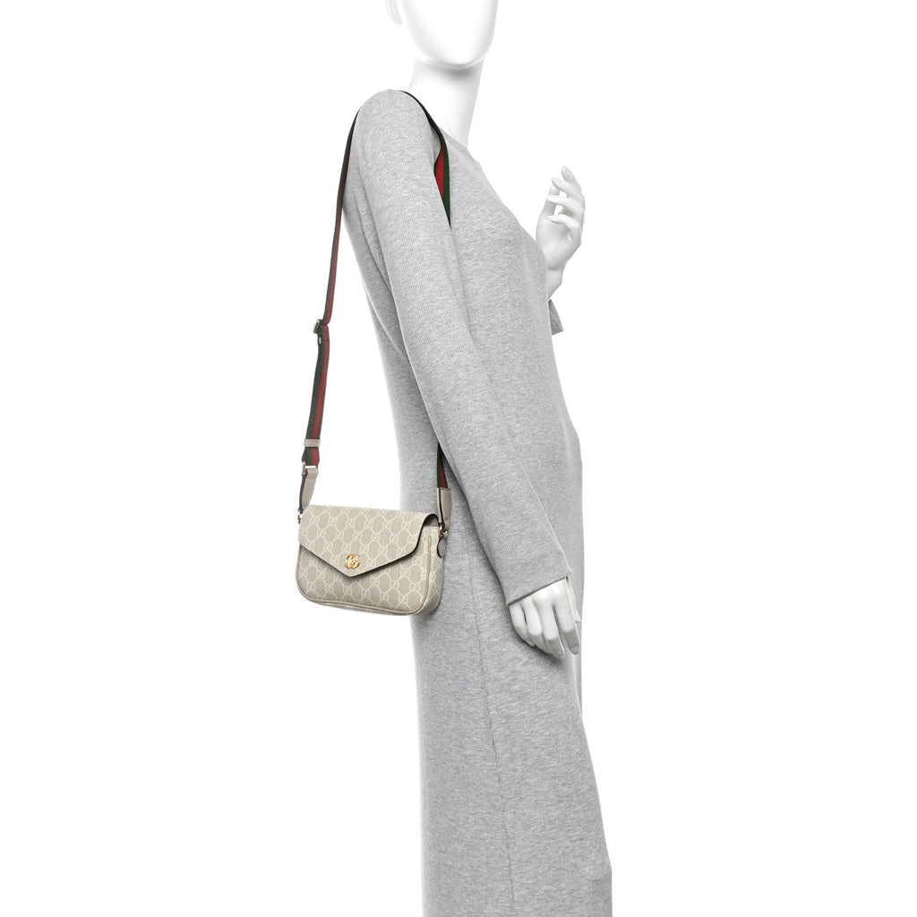 GG Supreme Monogram Textured Dollar Calfskin Web Mini Ophidia Envelope Shoulder Bag Beige Mystic White Oatmeal wholesalehk.shop