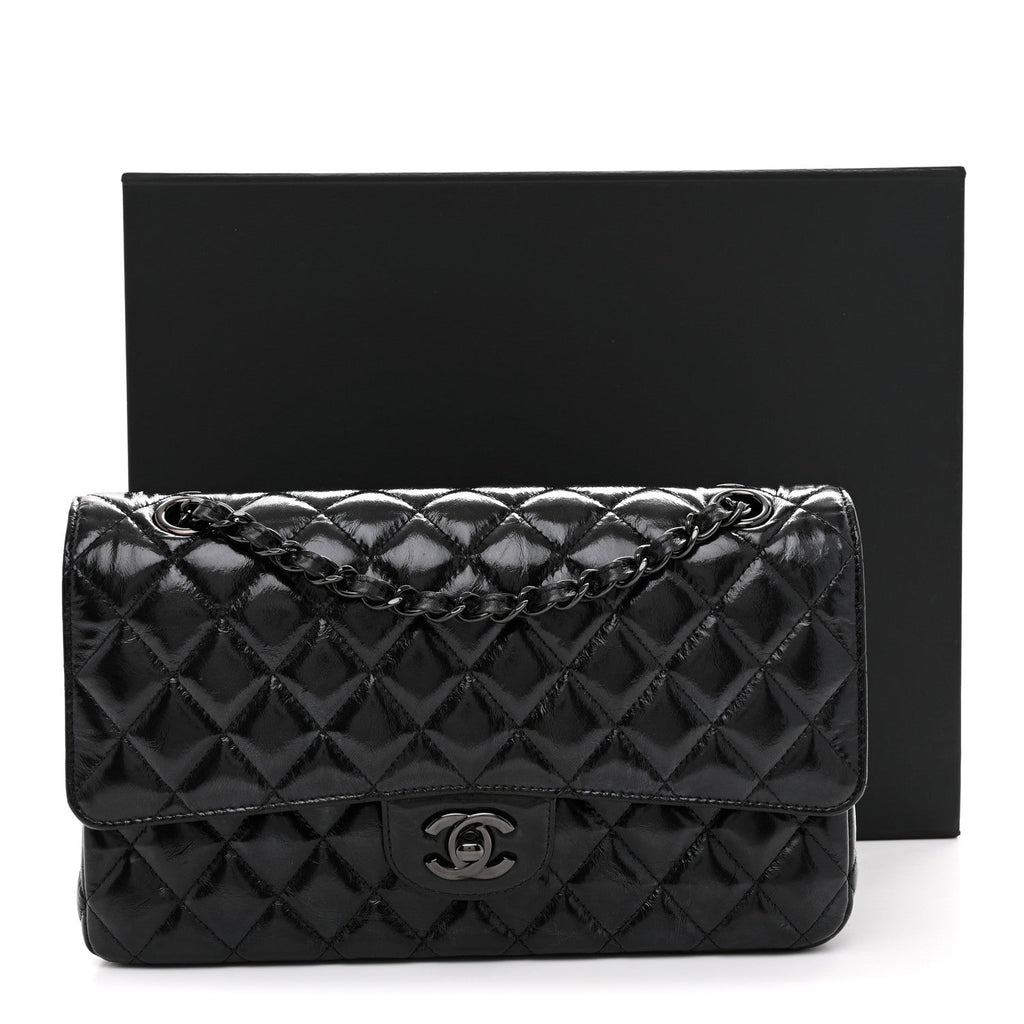 Shiny Crumpled Calfskin Quilted Medium Double Flap So Black wholesalehk.shop