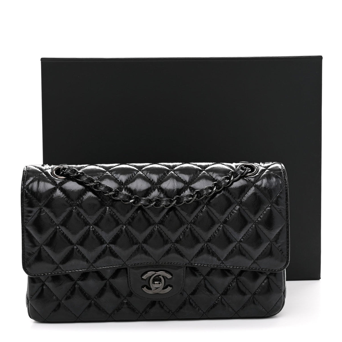 Shiny Crumpled Calfskin Quilted Medium Double Flap So Black wholesalehk.shop