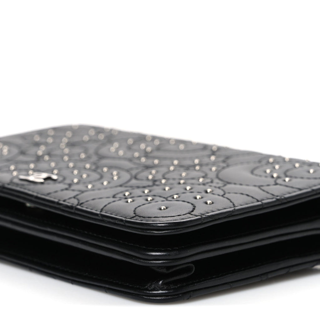 Lambskin Camellia Studded Wallet on Chain WOC Black wholesalehk.shop