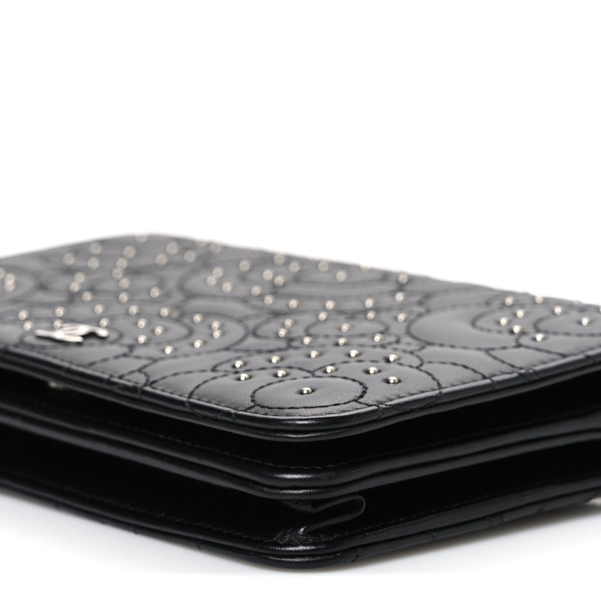 Lambskin Camellia Studded Wallet on Chain WOC Black wholesalehk.shop