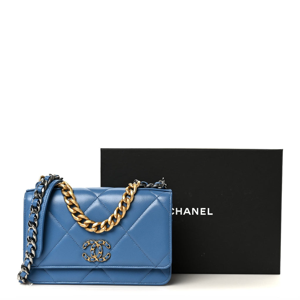 Lambskin Quilted Chanel 19 Wallet On Chain WOC Blue wholesalehk.shop