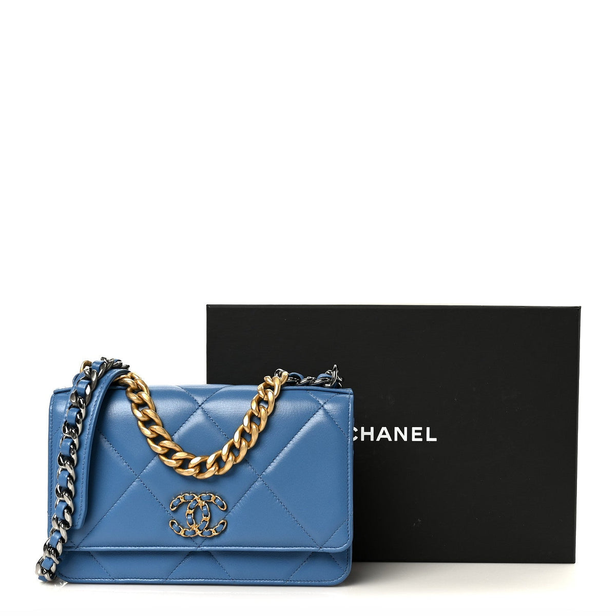 Lambskin Quilted Chanel 19 Wallet On Chain WOC Blue wholesalehk.shop