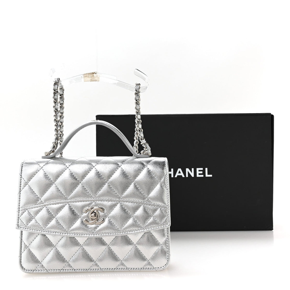 Metallic Caviar Quilted Top Handle Wallet on Chain WOC Silver wholesalehk.shop