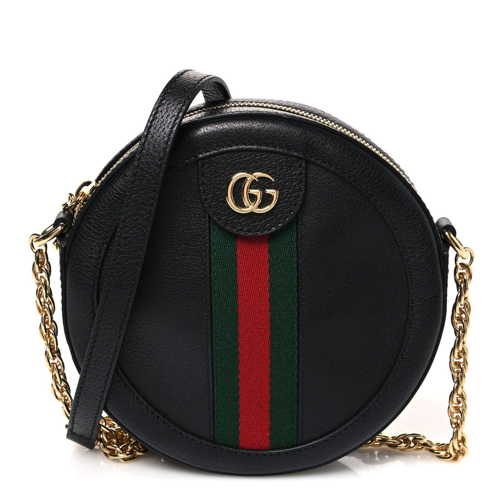 Grained Calfskin Web Mini Ophidia Round Shoulder Bag Black wholesalehk.shop
