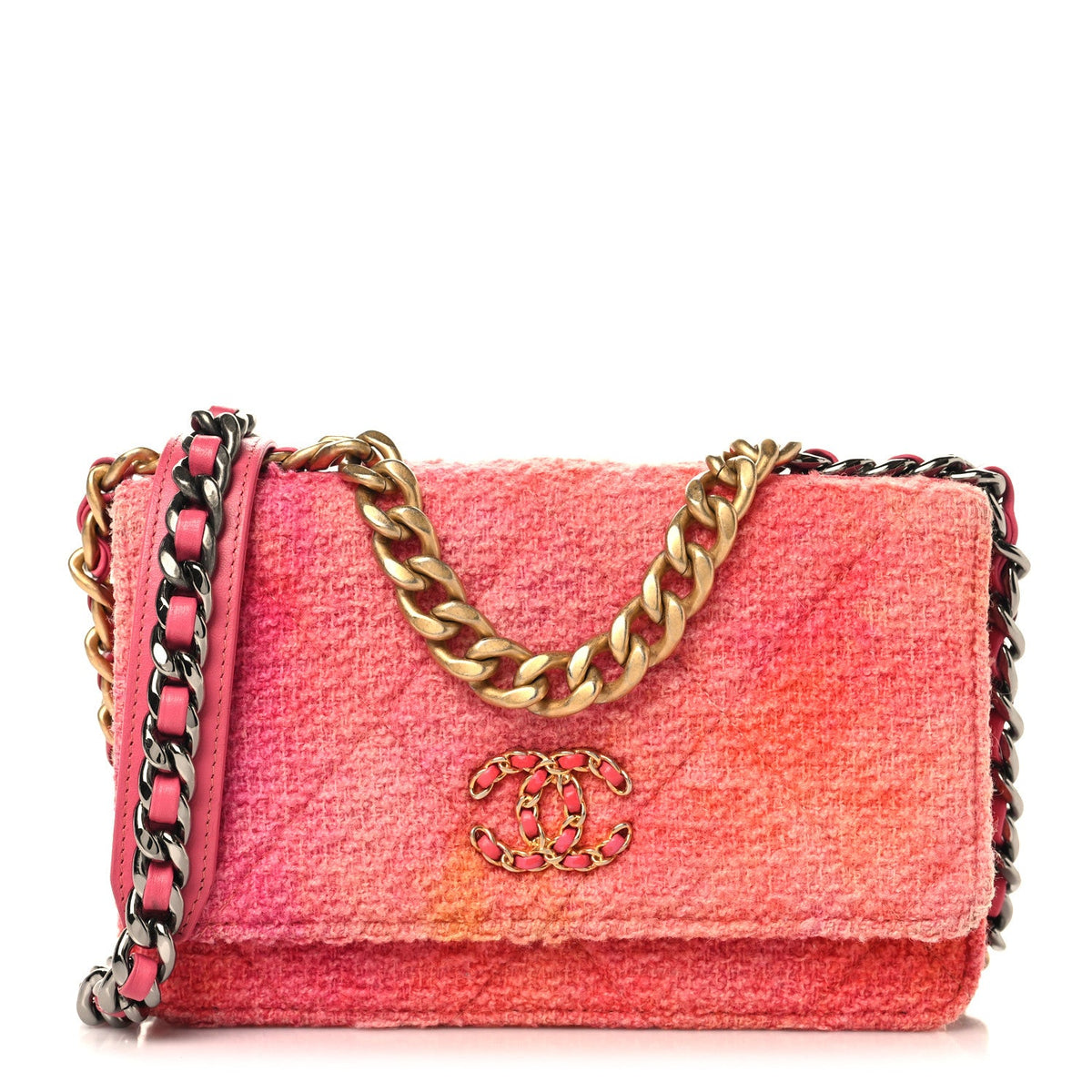 Wool Tweed Lambskin Quilted Chanel 19 Wallet On Chain WOC Coral Pink wholesalehk.shop