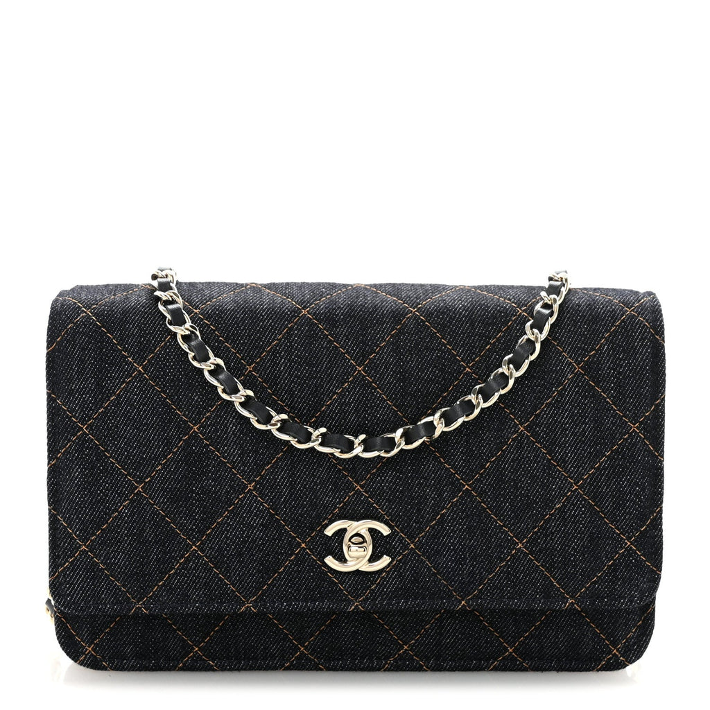 Denim Quilted CC Turnlock Wallet On Chain WOC Dark Blue Orange wholesalehk.shop