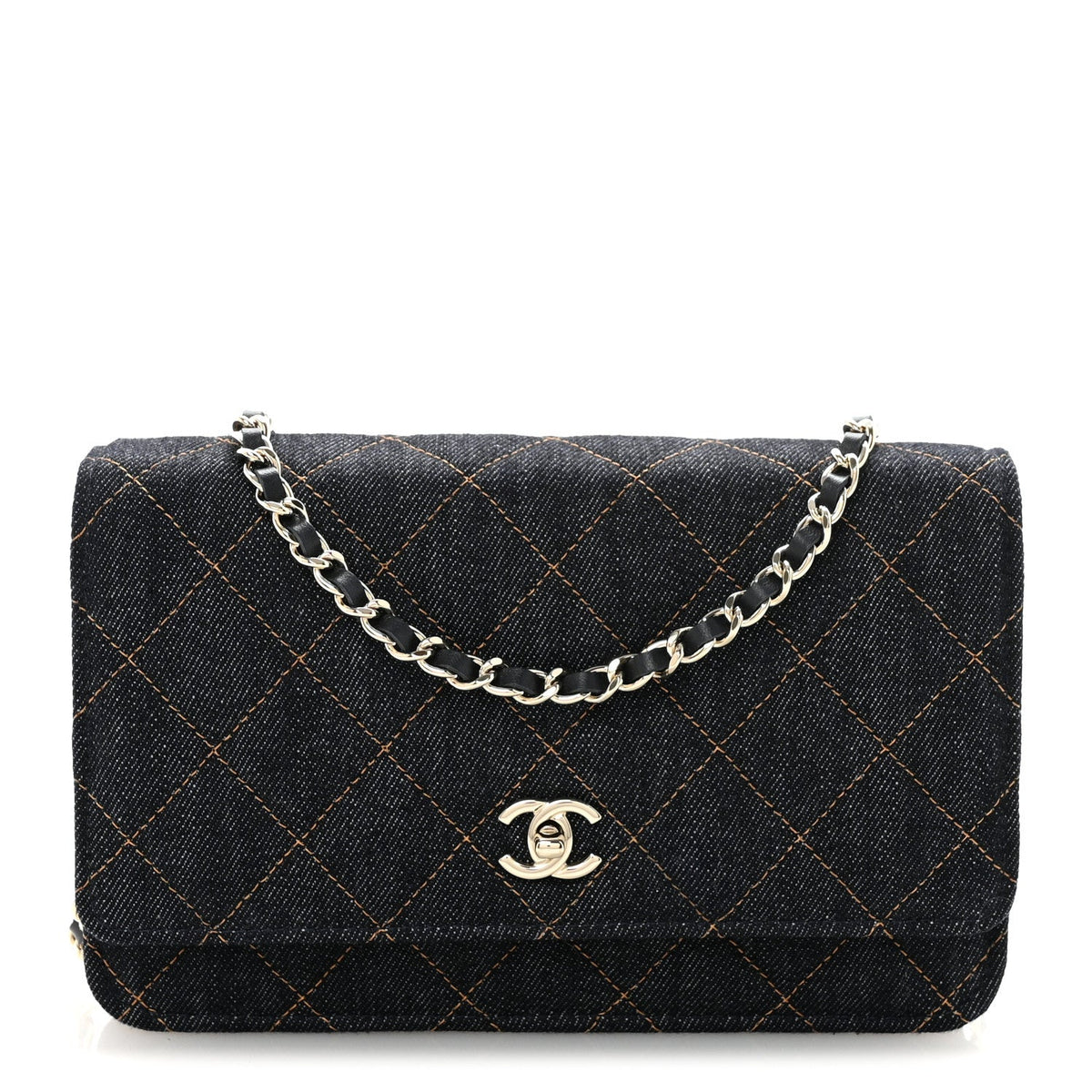 Denim Quilted CC Turnlock Wallet On Chain WOC Dark Blue Orange wholesalehk.shop