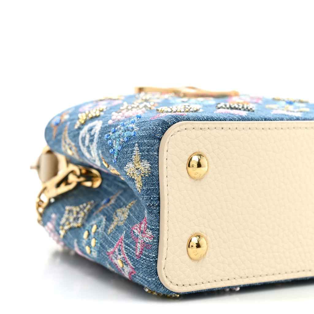 Denim Lurex Beaded Calfskin Capucines Mini Blue Cream £¨ Direct shipment via from wholesalehk.shop