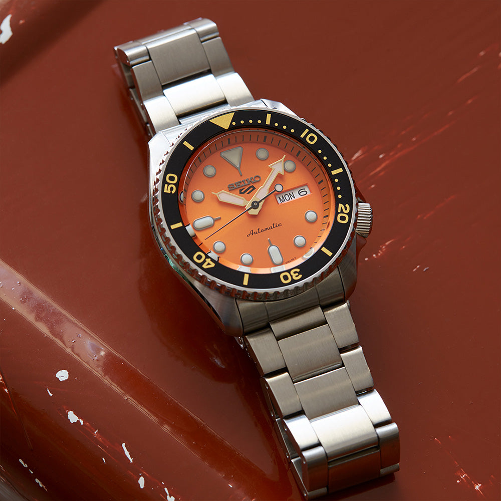 Seiko 5 Sports Automatic Orange Dial Silver Steel Strap Watch For Men - SRPD59K1 wholesalehk.shop