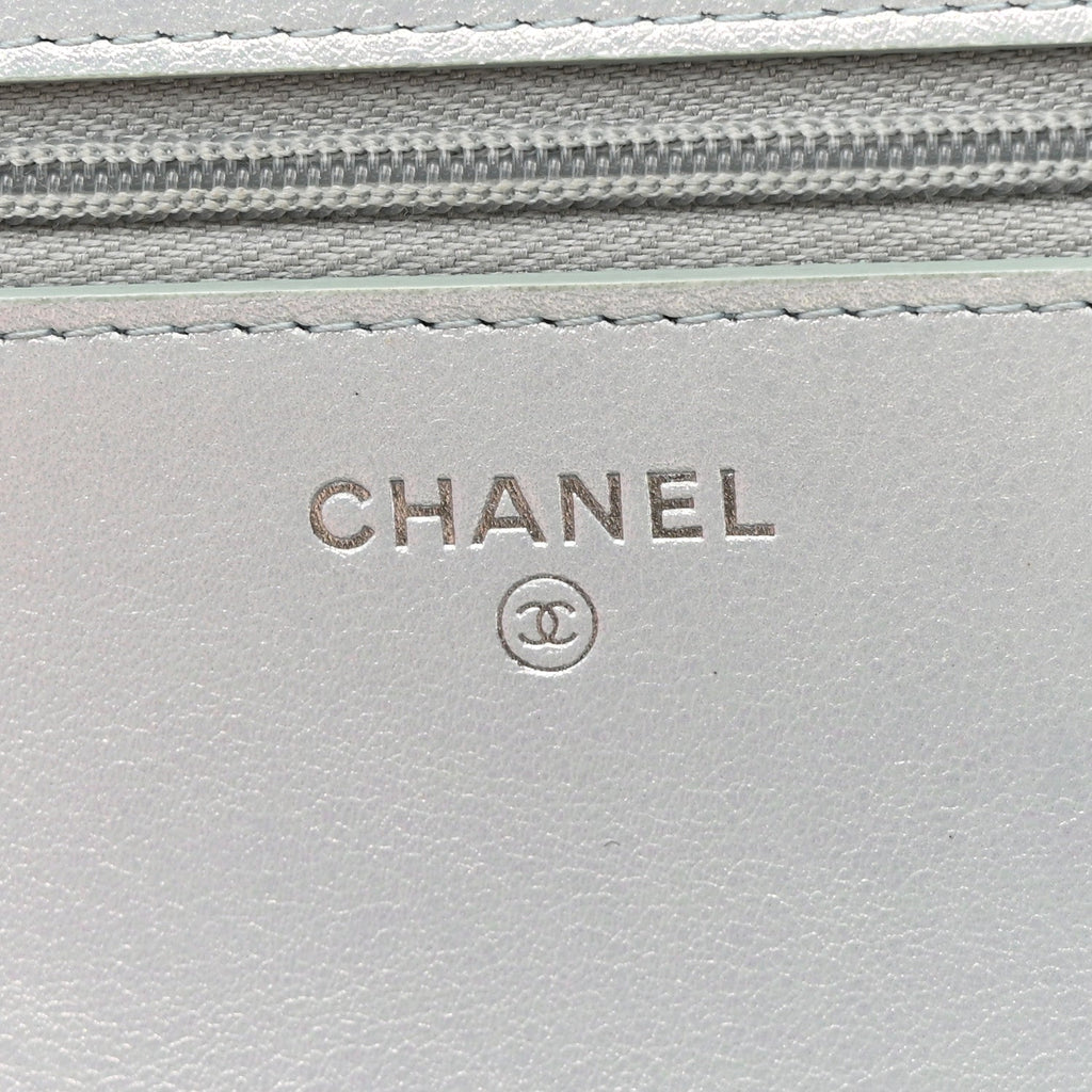 Iridescent Calfskin Quilted Wallet On Chain WOC Light Blue wholesalehk.shop