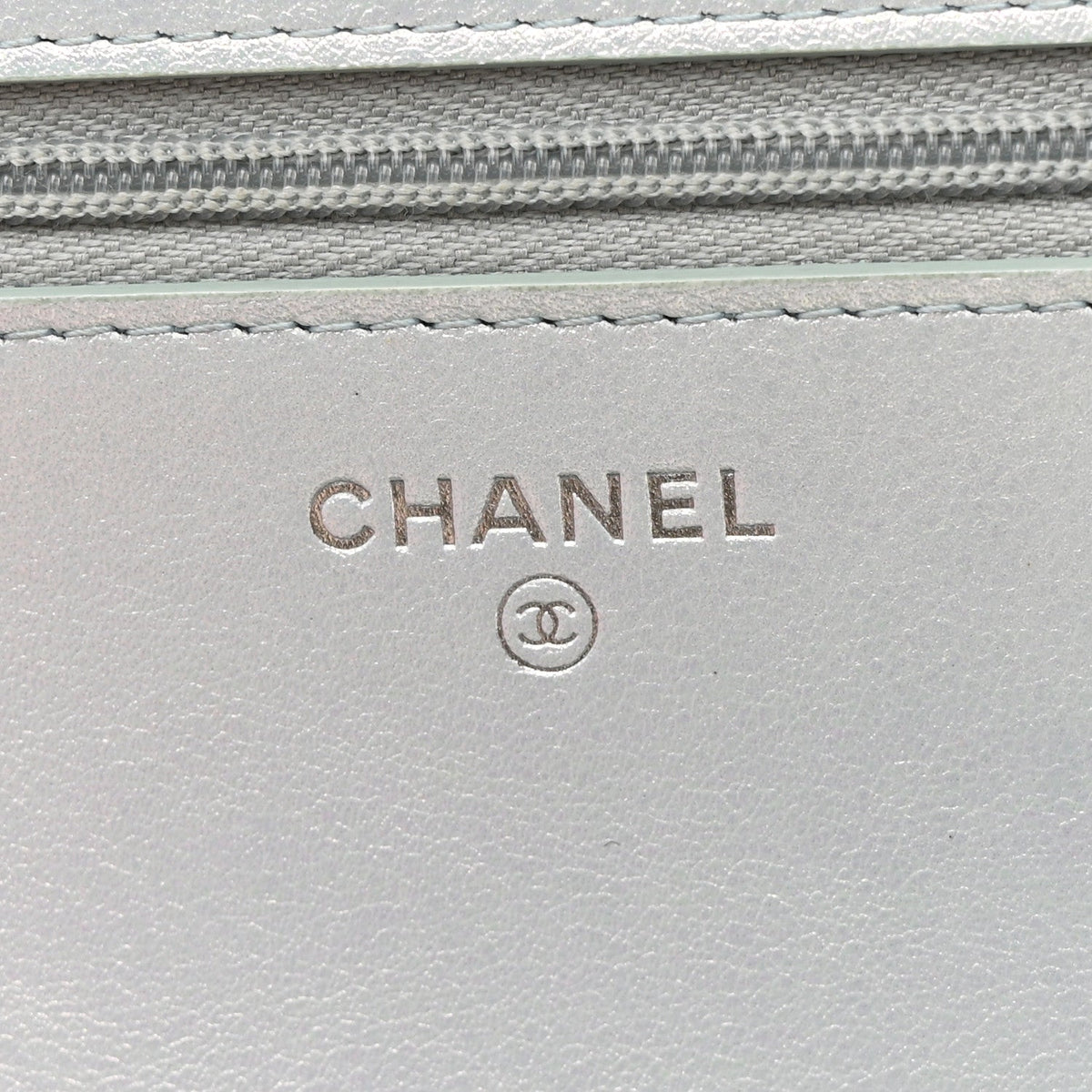 Iridescent Calfskin Quilted Wallet On Chain WOC Light Blue wholesalehk.shop
