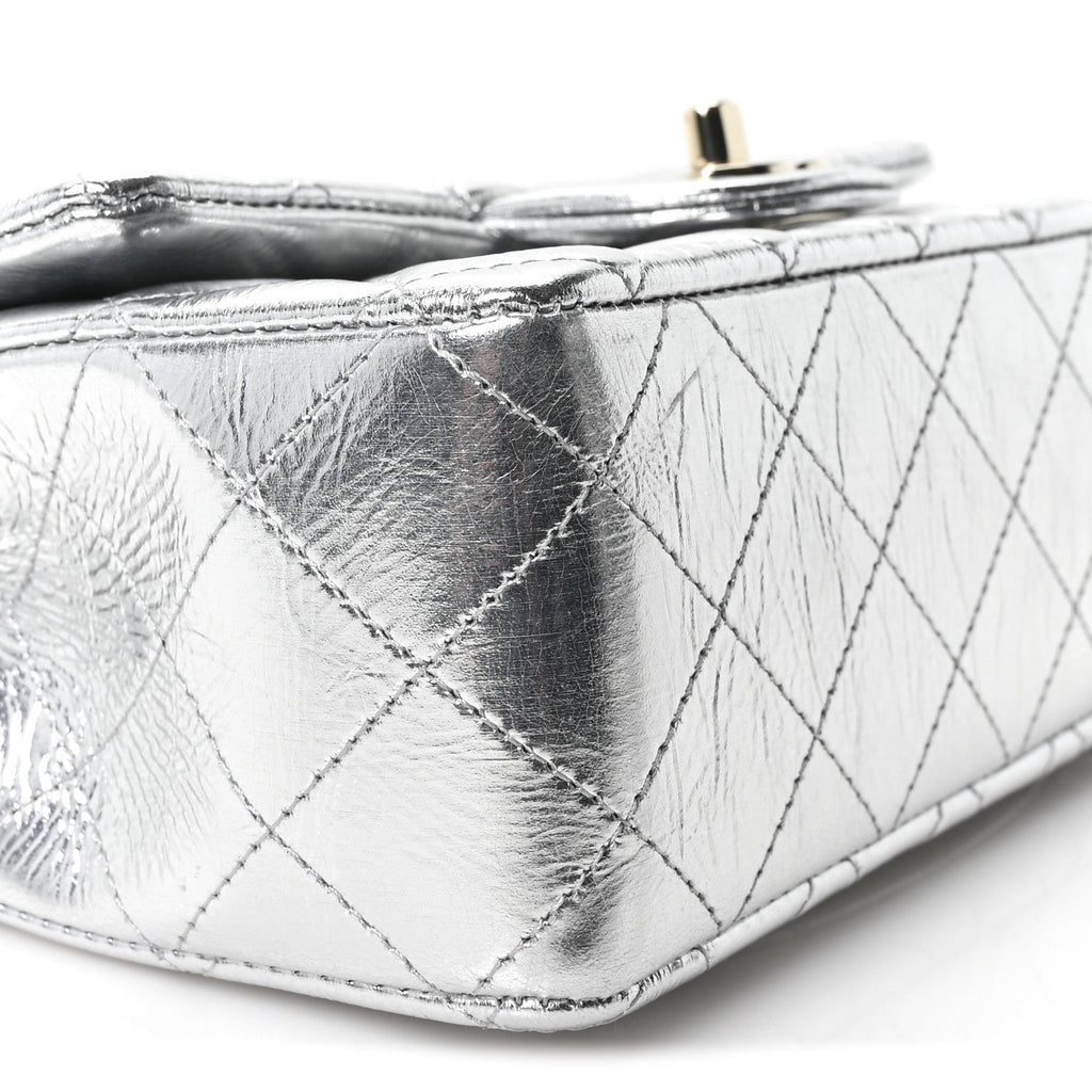 Hammered Metallic Calfskin Quilted Small Double Flap Silver wholesalehk.shop