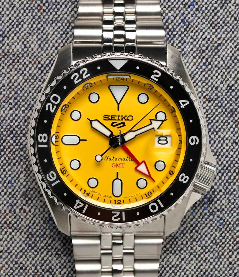 Seiko 5 Sport SKX GMT US Special Creation Automatic Yellow Dial Silver Steel Strap Watch for Men - SSK017K1 wholesalehk.shop