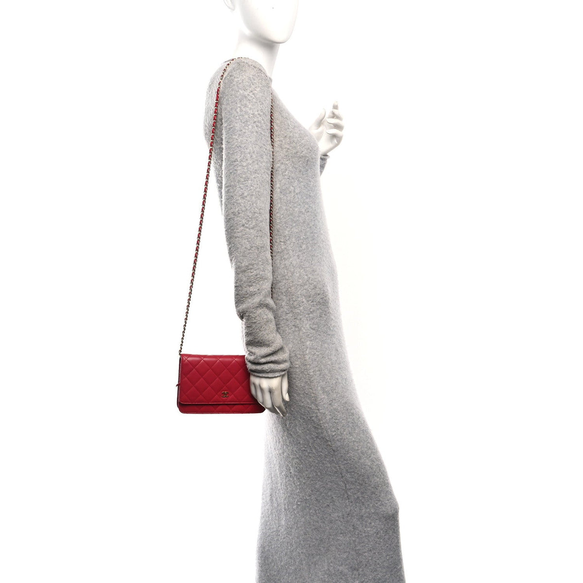 Lambskin Quilted Wallet On Chain WOC Dark Pink wholesalehk.shop