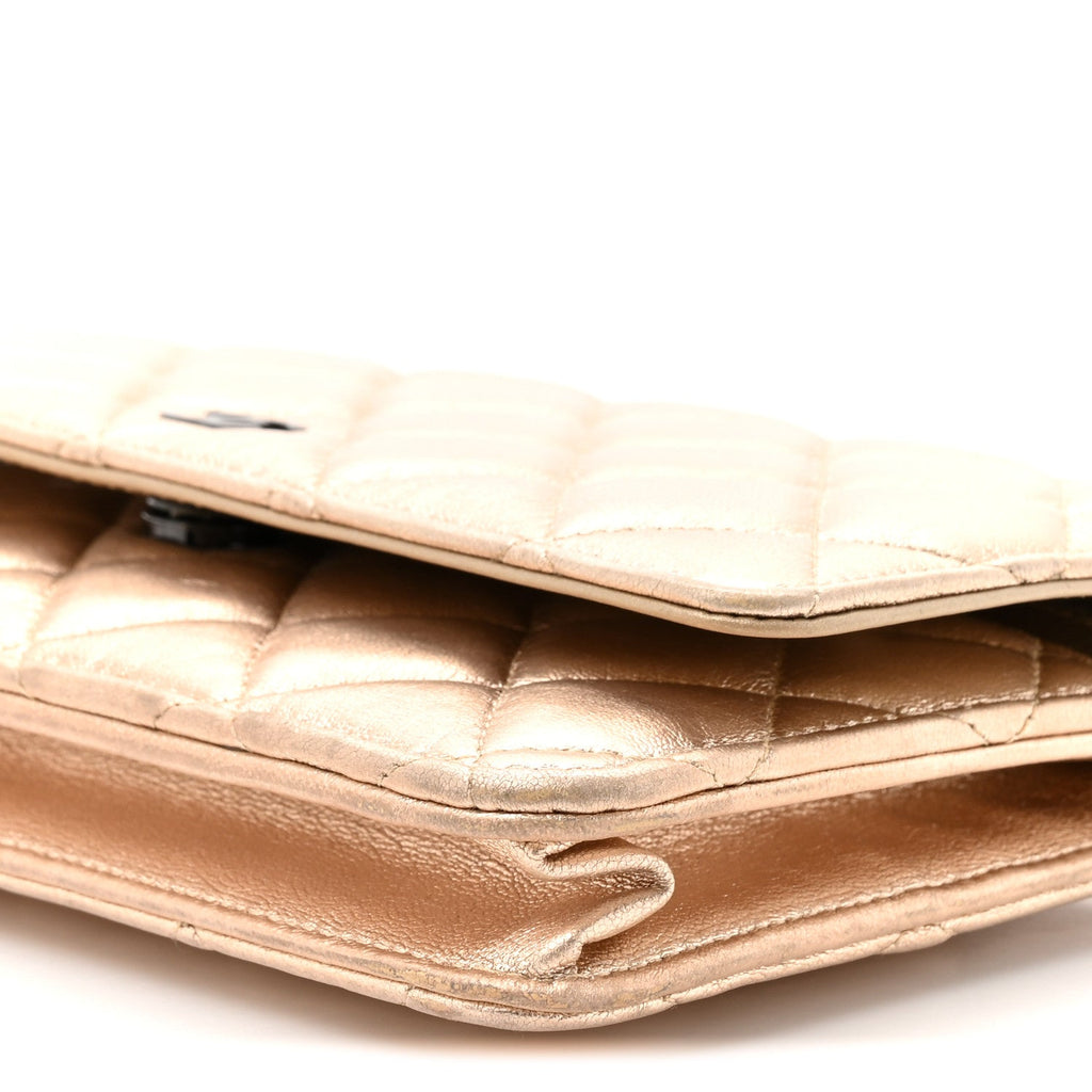 Metallic Lambskin Quilted Wallet On Chain WOC Gold Black wholesalehk.shop