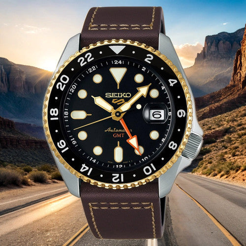 Seiko 5 Sports SKX GMT Automatic Mocha Black Dial Brown Leather Strap Watch For Men - SSK036K1 wholesalehk.shop