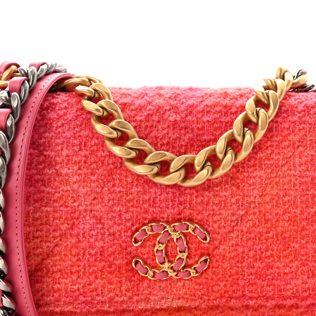 Wool Tweed Lambskin Quilted Chanel 19 Wallet On Chain WOC Coral Pink wholesalehk.shop