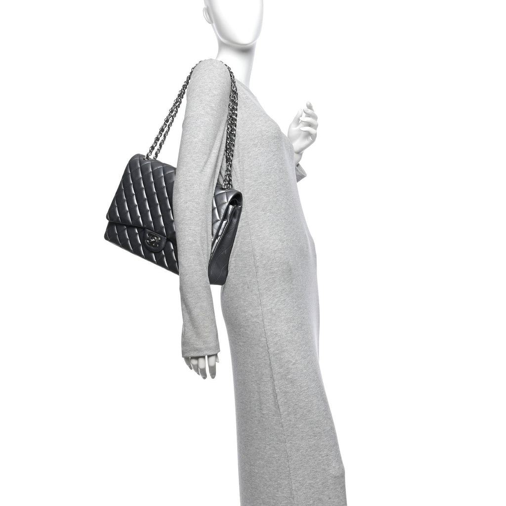 Metallic Lambskin Quilted Maxi Double Flap Pewter wholesalehk.shop