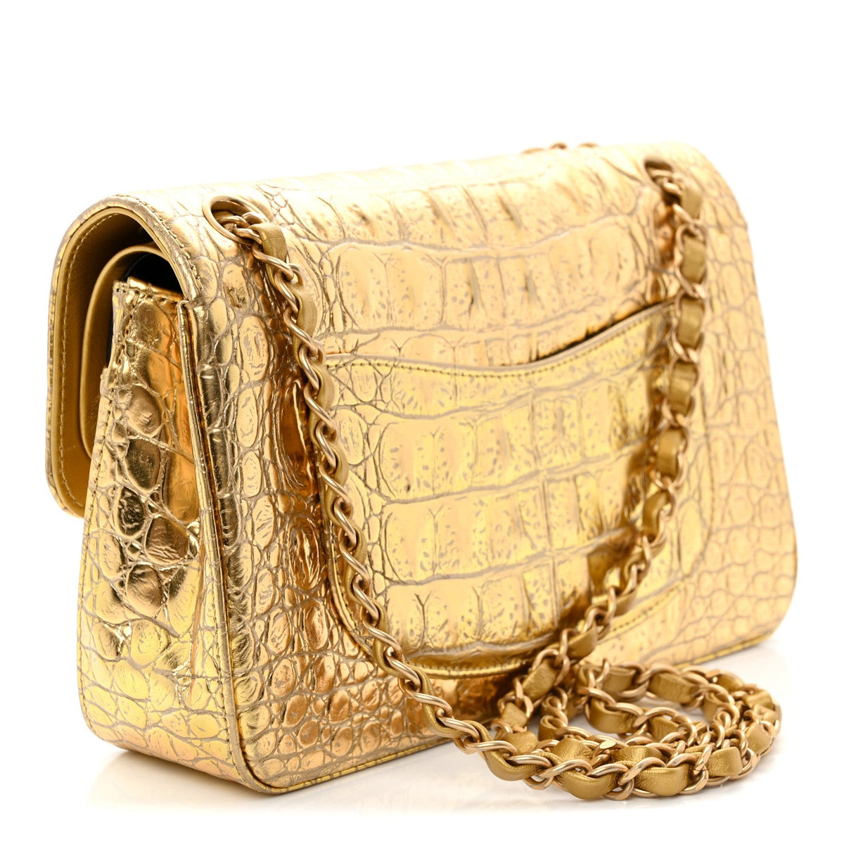 Metallic Calfskin Crocodile Embossed Cocodile Small Double Flap Gold wholesalehk.shop