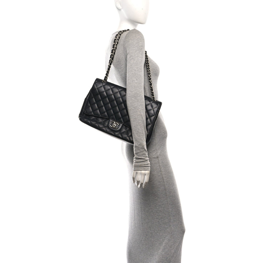 Caviar Quilted Maxi Double Flap Black wholesalehk.shop