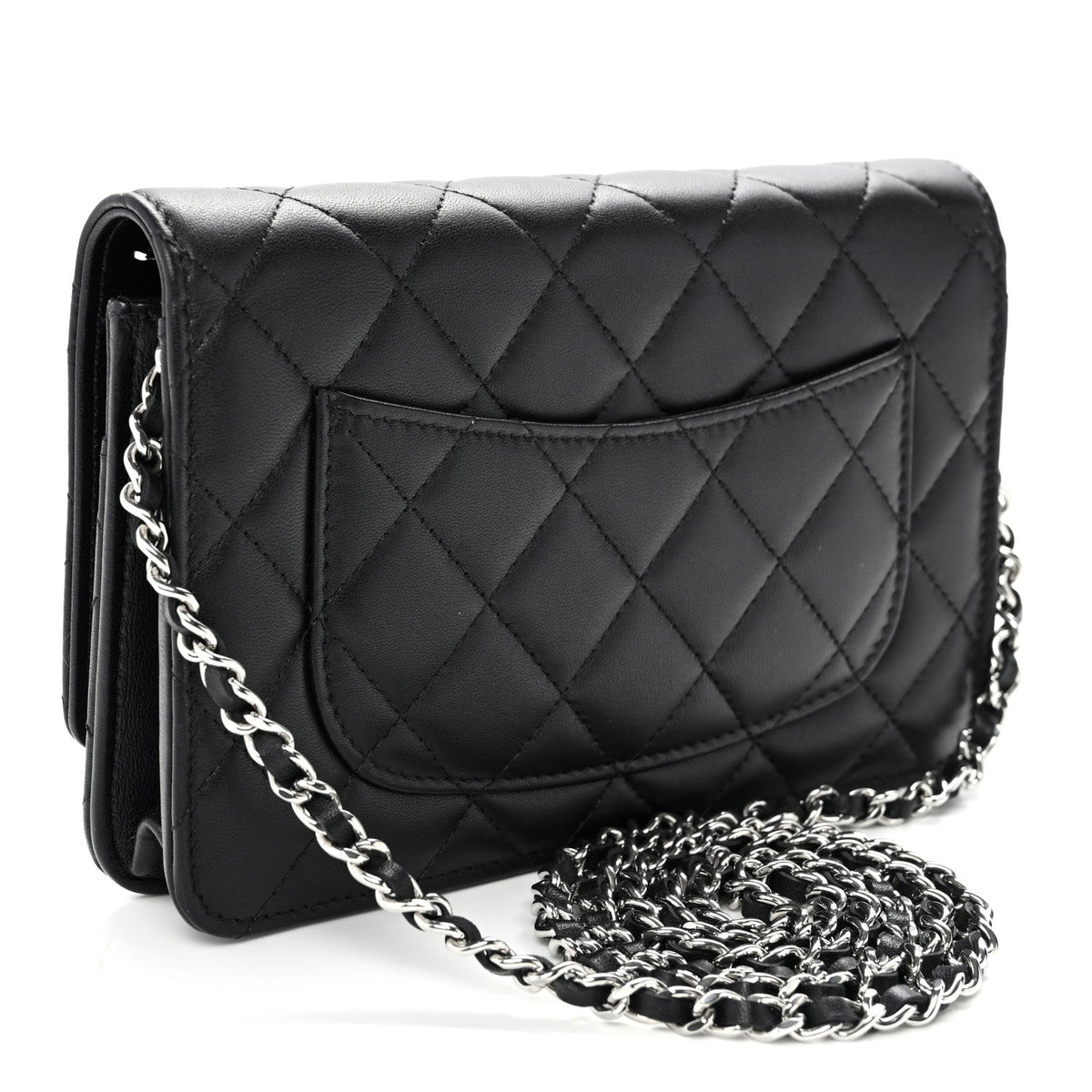 Lambskin Quilted Enamel CC Wallet on Chain WOC Black wholesalehk.shop