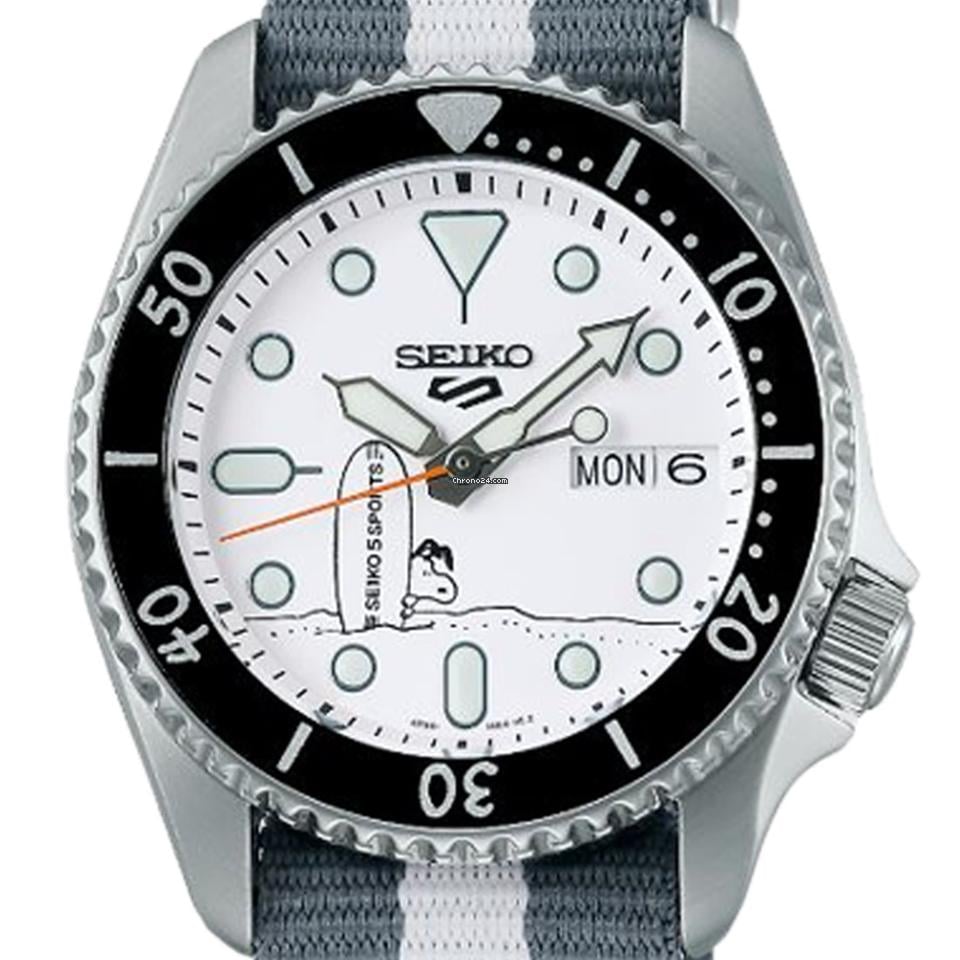 Seiko 5 Sports x Peanuts Surfboard Snoopy Limited Edition White Dial Two Tone NATO Strap Watch For Men - SRPK25K1 wholesalehk.shop