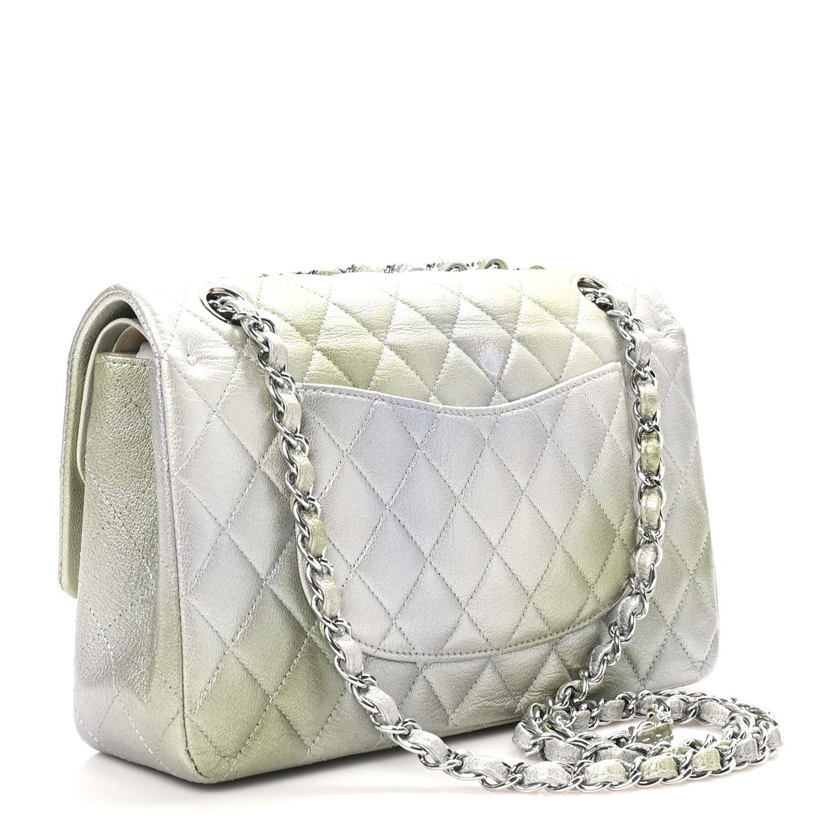 Metallic Goatskin Quilted Ombre Medium Double Flap Grey Green wholesalehk.shop