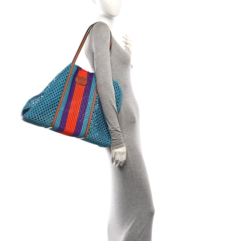 Raffia Web Woven Interlocking G Tote Blue Multicolor wholesalehk.shop