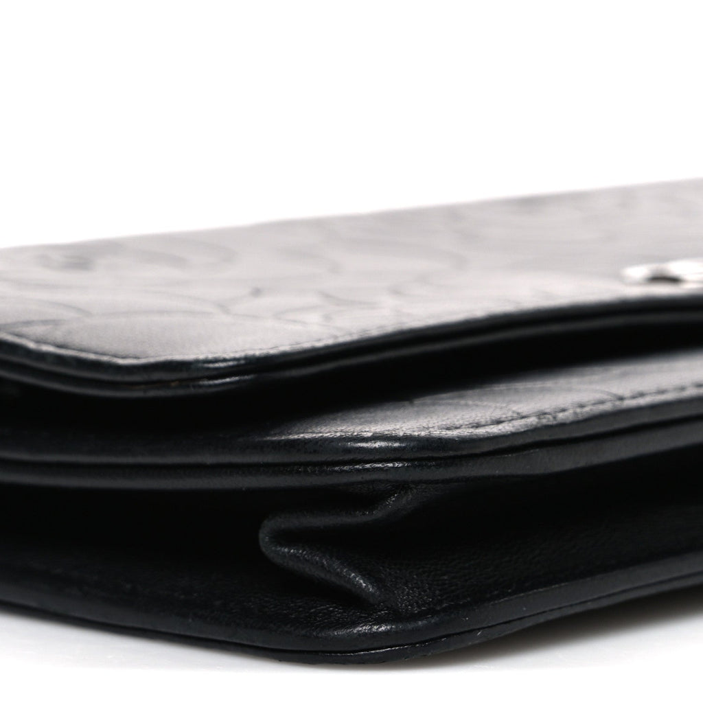 Lambskin Camellia Embossed Wallet on Chain WOC Black wholesalehk.shop