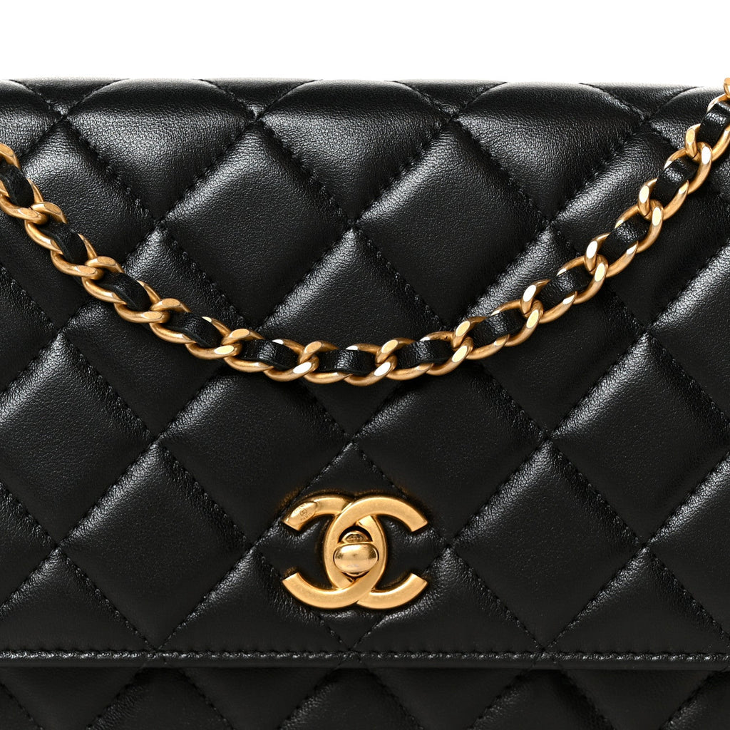 Lambskin Quilted CC Pearl Crush Wallet on Chain WOC Black wholesalehk.shop