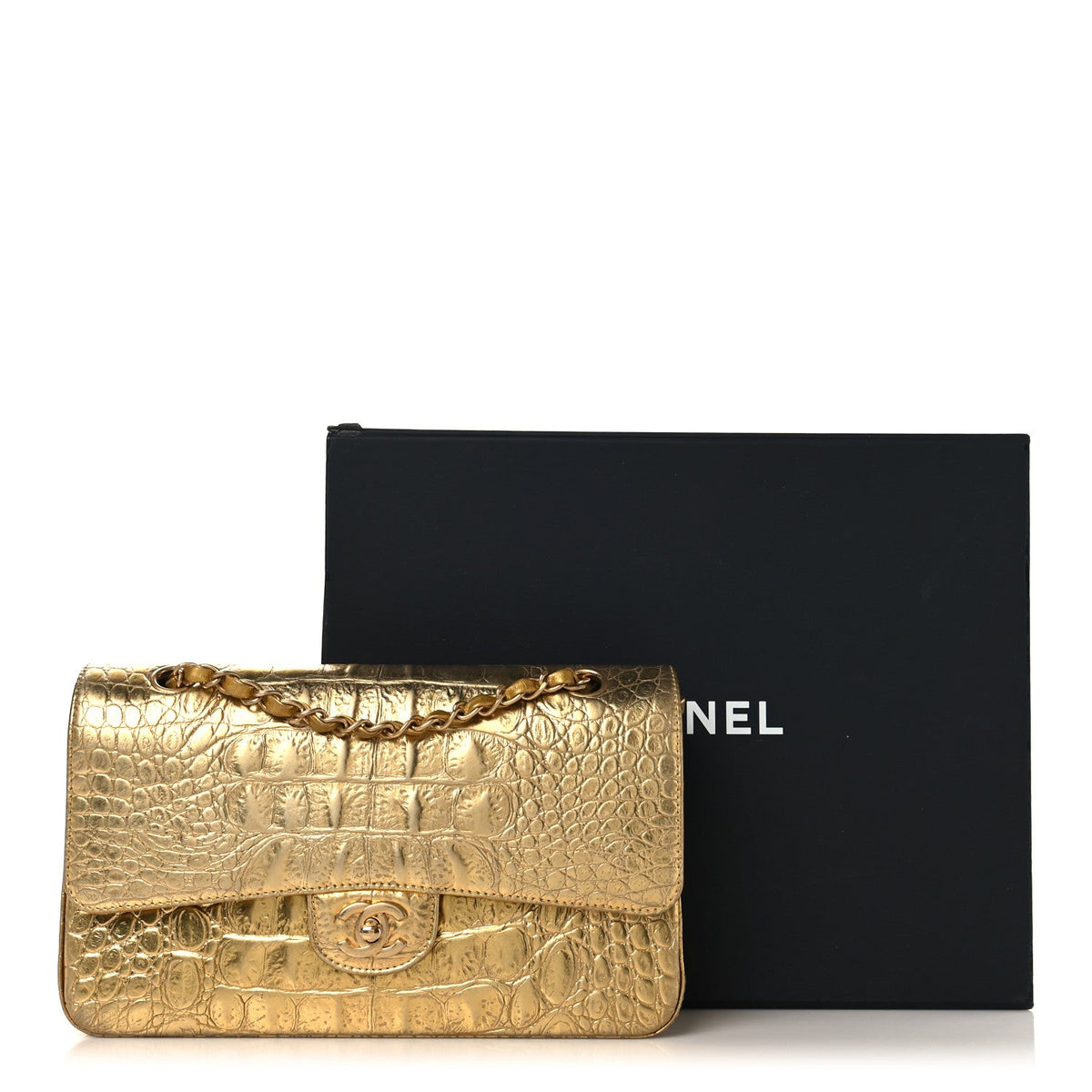 Metallic Calfskin Crocodile Embossed Cocodile Medium Double Flap Gold wholesalehk.shop