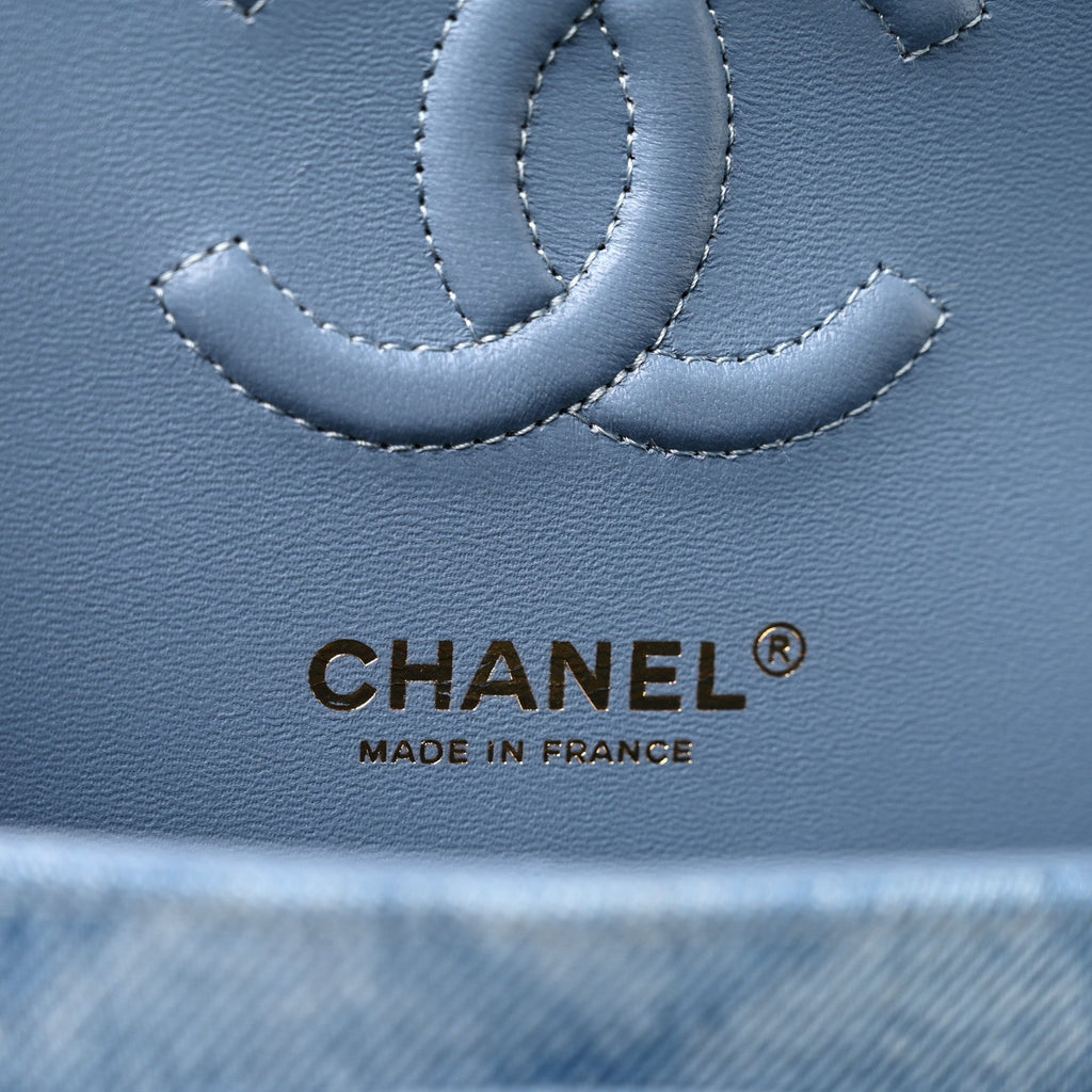 Printed Denim Quilted Small Double Flap Light Blue wholesalehk.shop