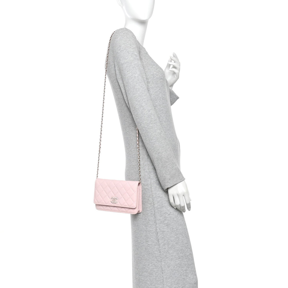 Caviar Quilted Crystal CC Wallet On Chain WOC Light Pink wholesalehk.shop