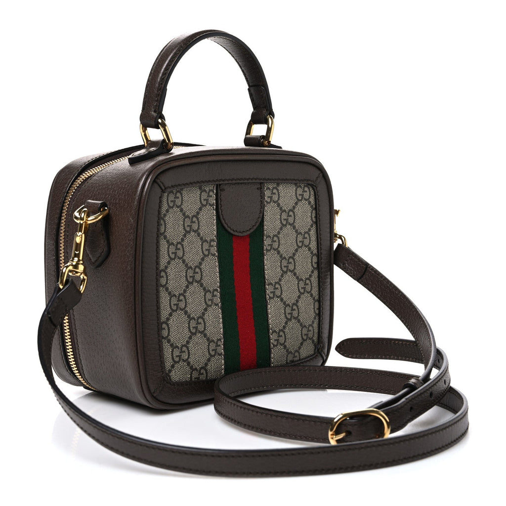 GG Supreme Monogram Textured Dollar Calfskin Mini Ophidia Top Handle Square Shoulder Bag Beige Ebony New Acero wholesalehk.shop