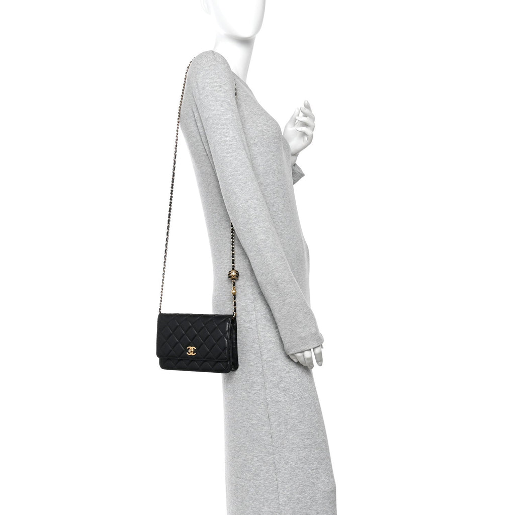Lambskin Quilted CC Pearl Crush Wallet on Chain WOC Black wholesalehk.shop