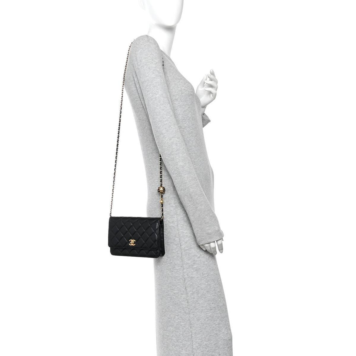 Lambskin Quilted CC Pearl Crush Wallet on Chain WOC Black wholesalehk.shop