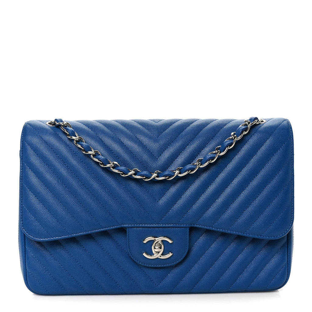 Caviar Chevron Quilted Jumbo Double Flap Blue wholesalehk.shop