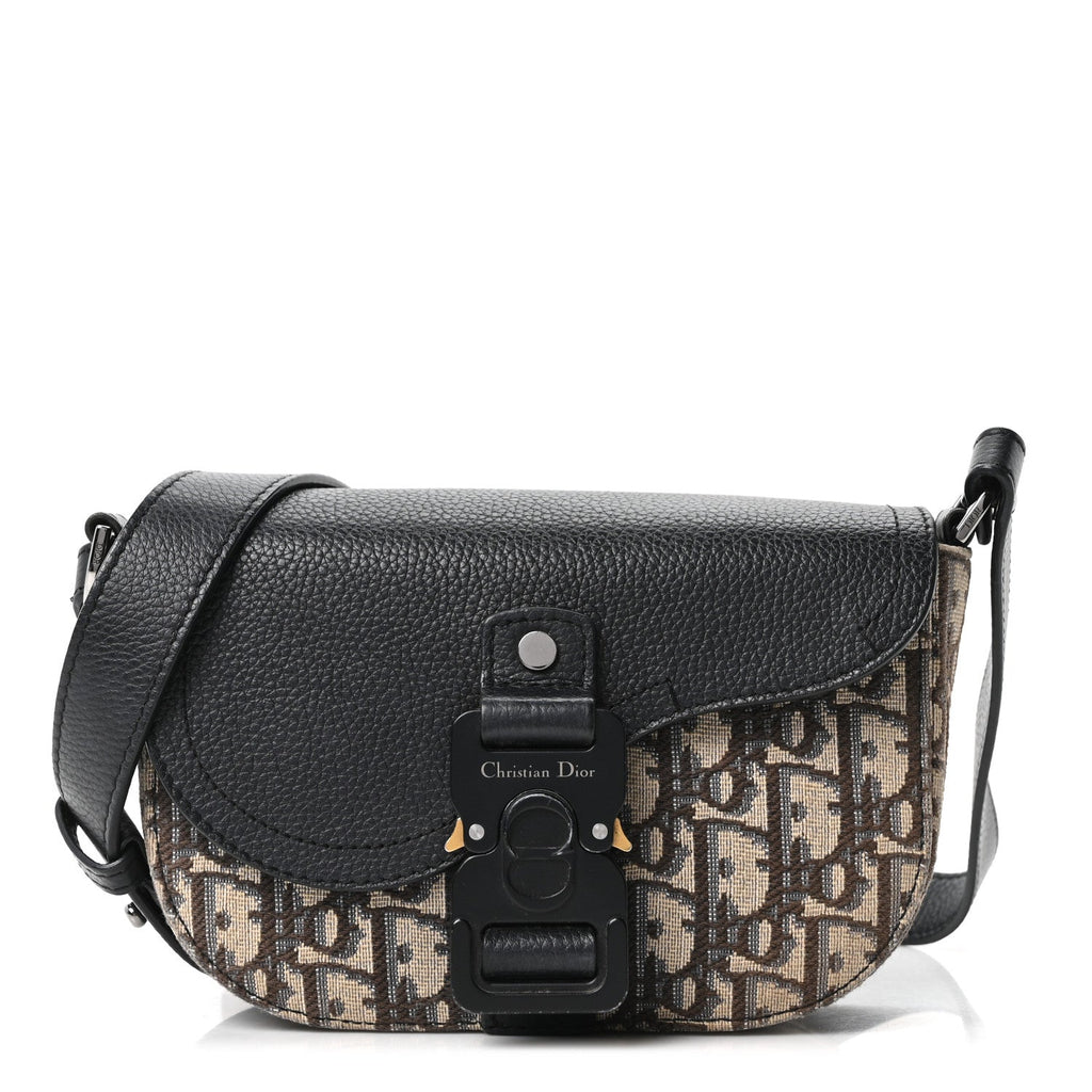 Grained Calfskin Oblique Mini Saddle Messenger Bag With Flap Beige Black wholesalehk.shop