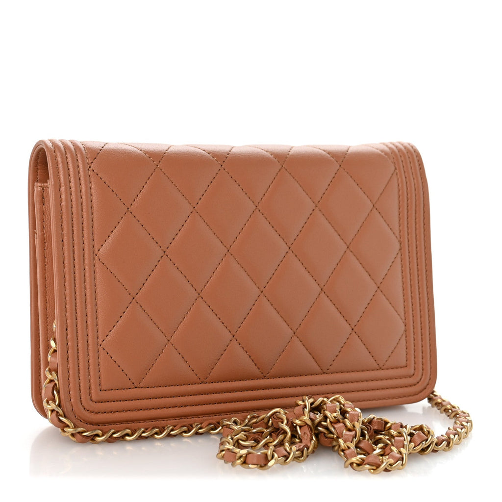 Lambskin Quilted Boy Wallet On Chain WOC Beige wholesalehk.shop