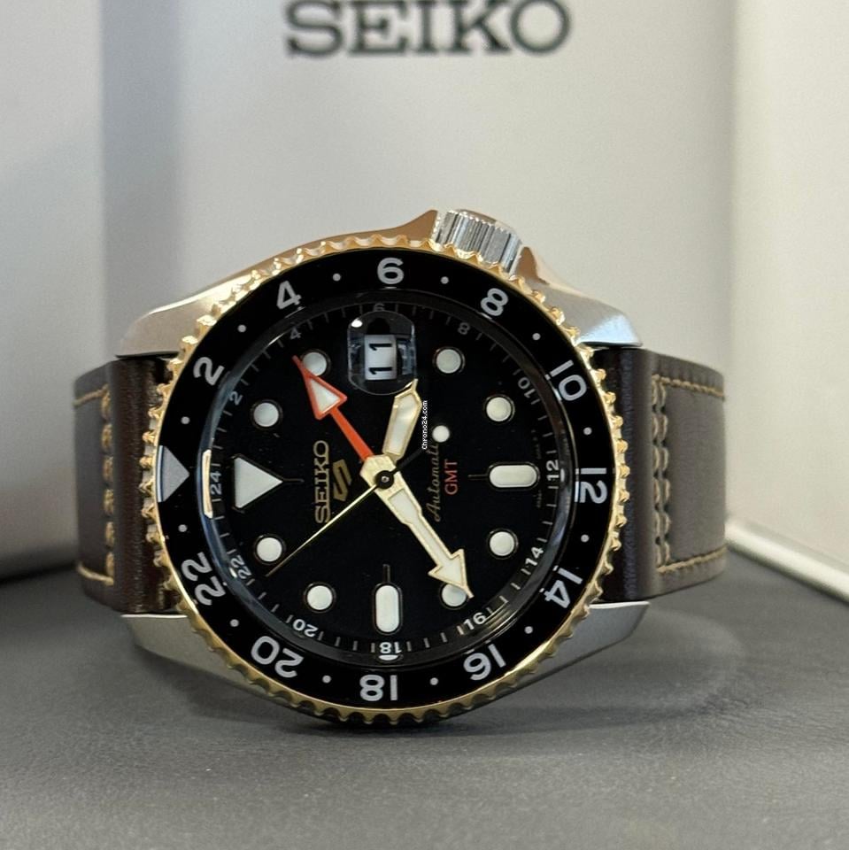 Seiko 5 Sports SKX GMT Automatic Mocha Black Dial Brown Leather Strap Watch For Men - SSK036K1 wholesalehk.shop