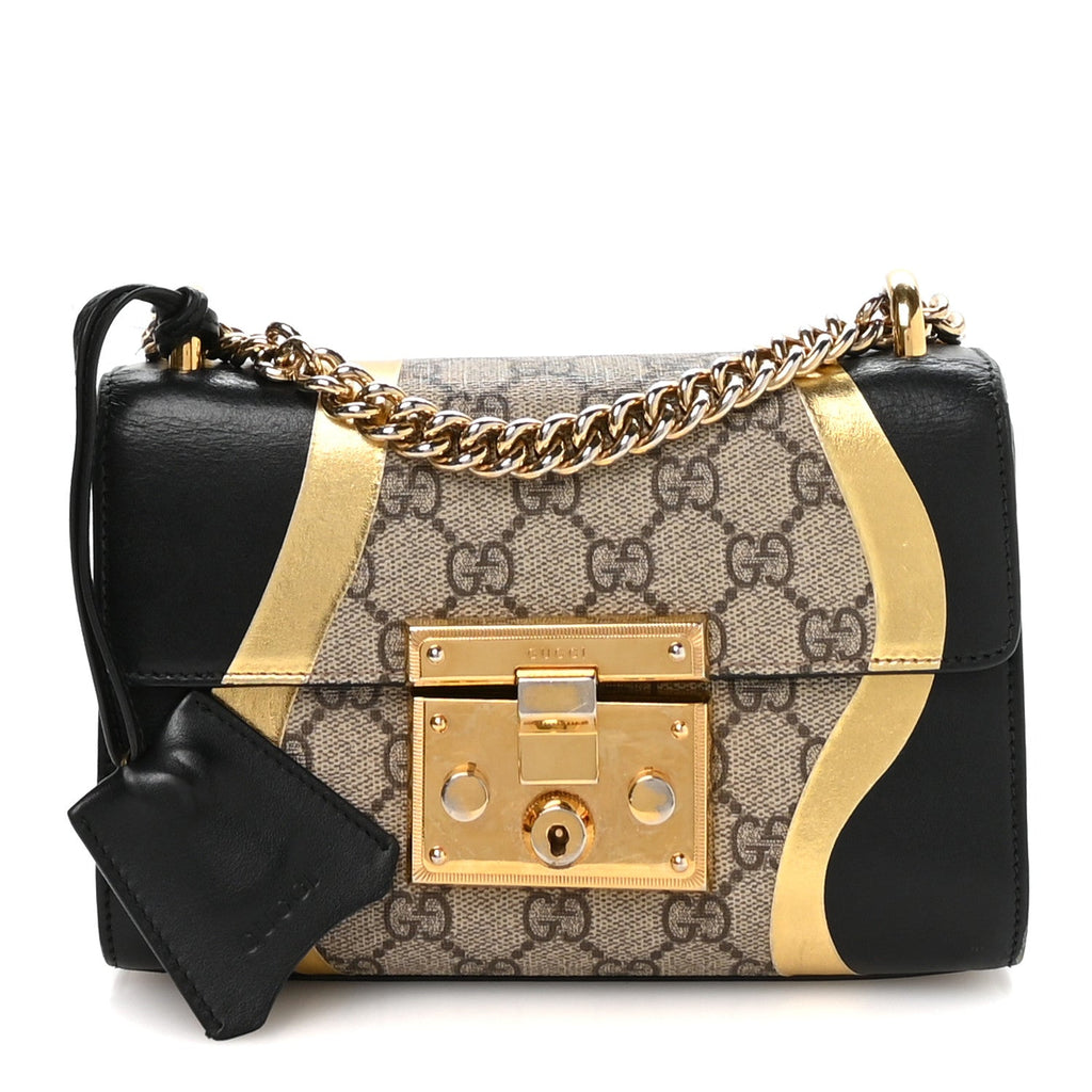 Calfskin GG Supreme Monogram Small Padlock Shoulder Bag Black Gold £¨ Direct shipment via from wholesalehk.shop