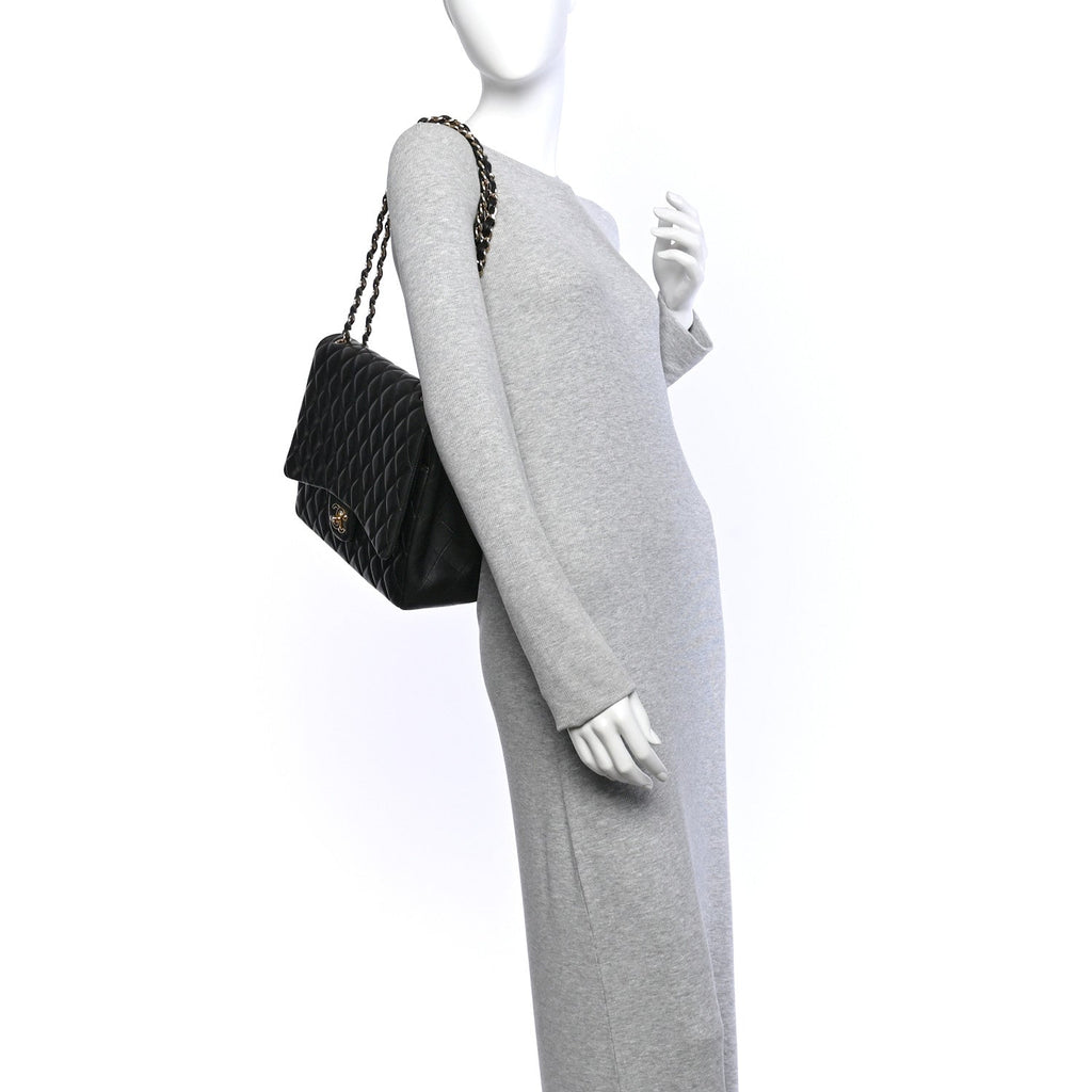 Lambskin Quilted Maxi Double Flap Black wholesalehk.shop