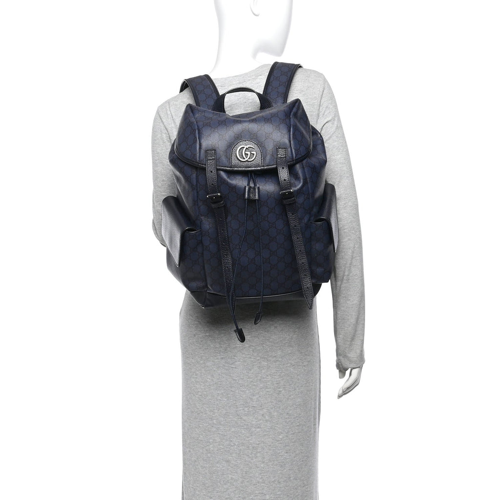 GG Supreme Monogram Textured Dollar Calfskin Medium Ophidia Double Buckle Backpack Blue Dark Blue Black wholesalehk.shop